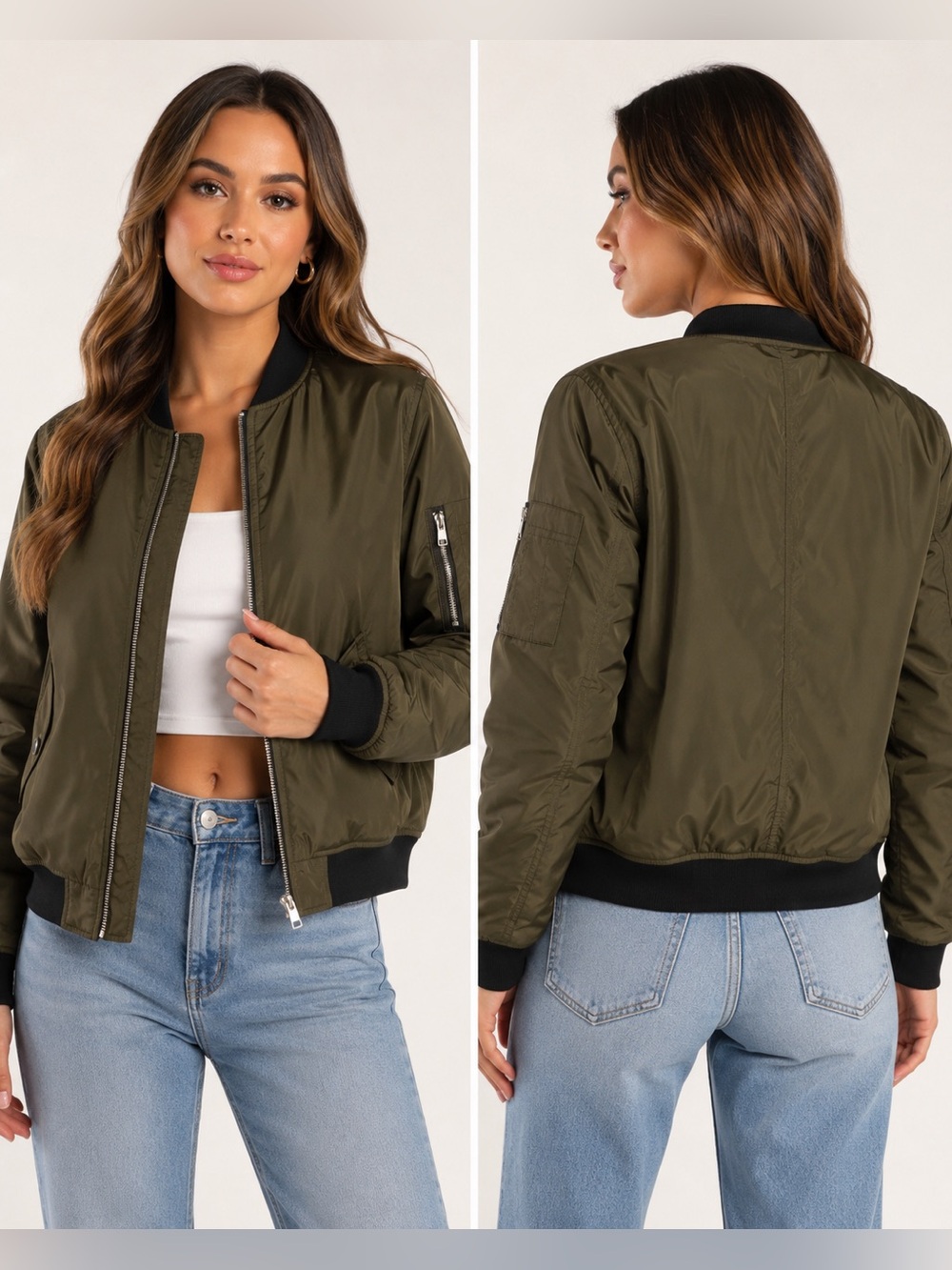 Oeuvre Olive Green Bomber Jacket Women’s Large Lightweight Zip Up